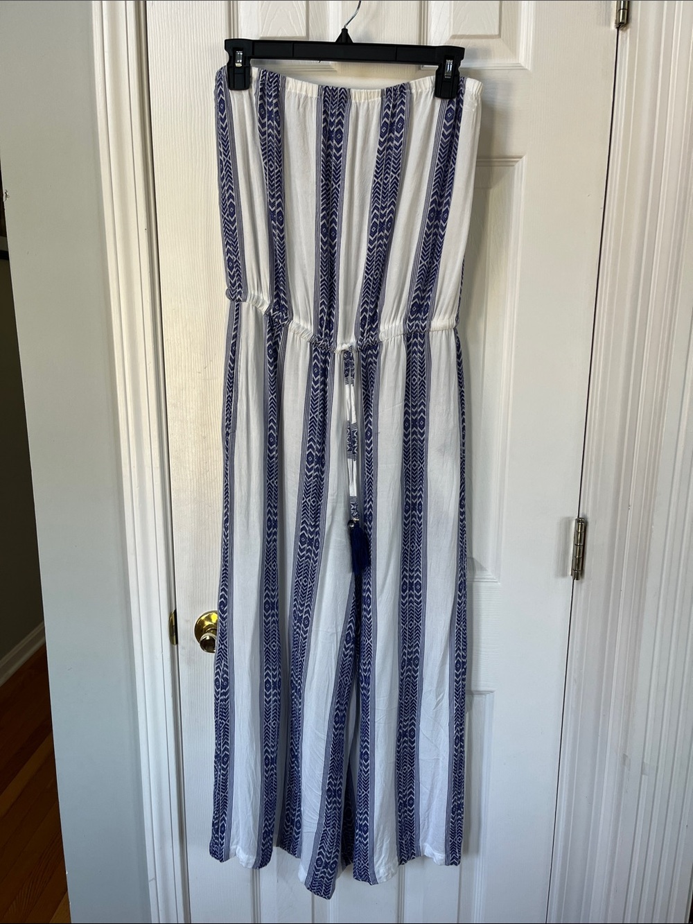 blue island White and Navy Vertical-Stripe Strapless Jumpsuit
